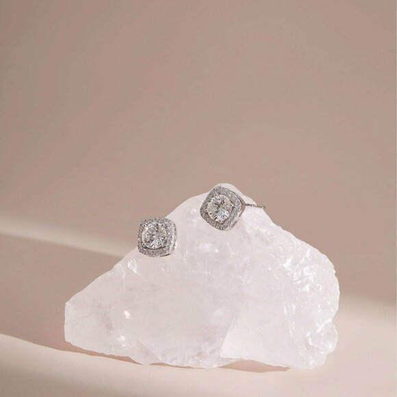 Museori Jewelry - Moissanite Halo Stud Earrings, Sterling Silver